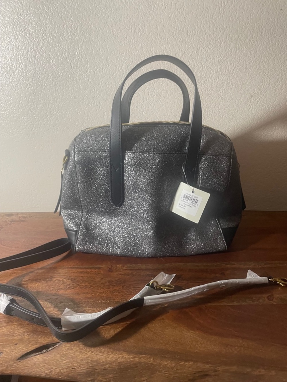 Fossil Sydney Gunmetal Glitter Satchel Crossbody NWT - Picture 3 of 14